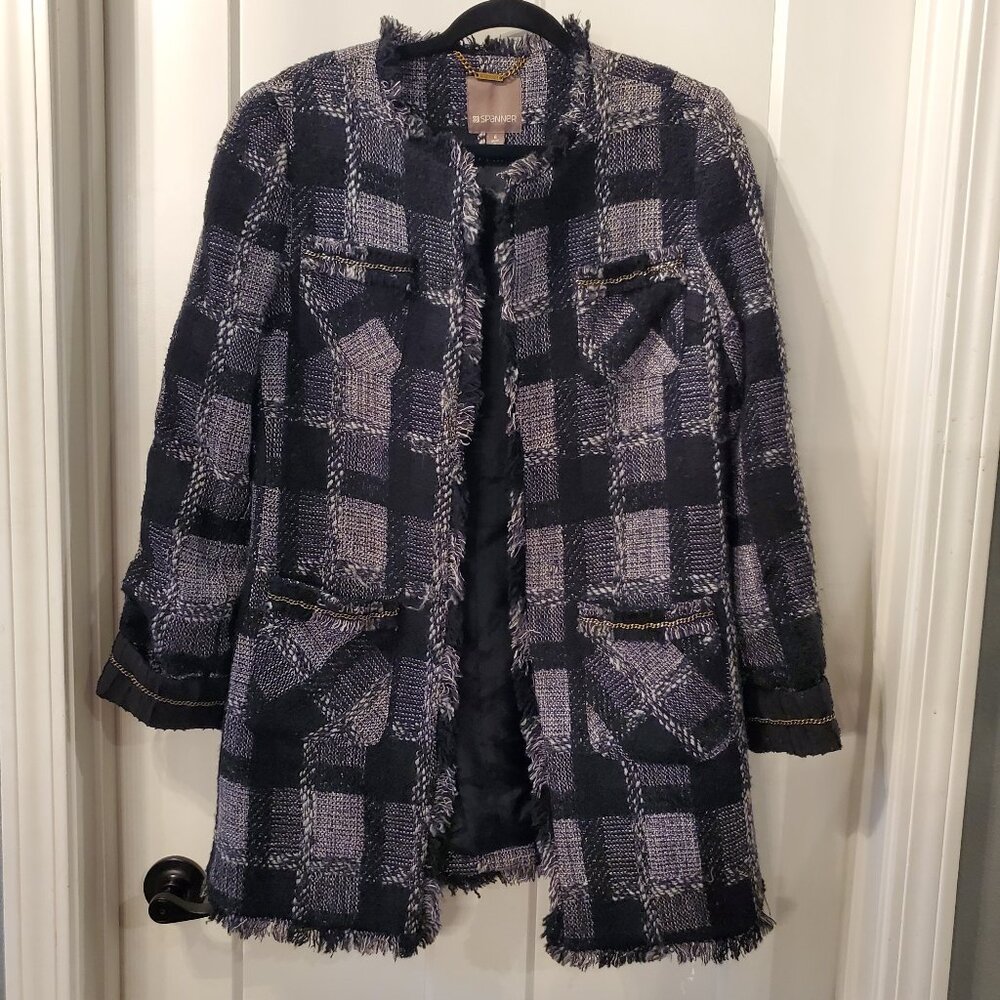 SPANNER Wool Blend Long Blazer Jacket black/white check print Women's 6